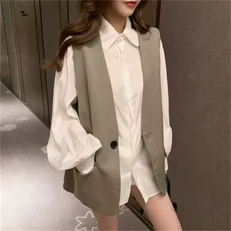 2021春秋新款黑色马甲女背心韩版中长款外穿休闲西装无袖马夹外套图片