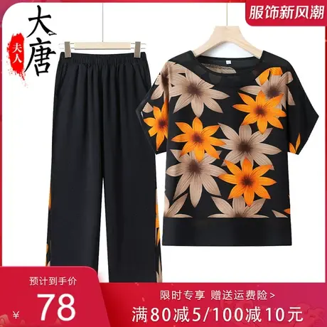 中老年人夏装套装女奶奶短袖雪纺T恤洋气妈妈两件套老人太太衣服图片