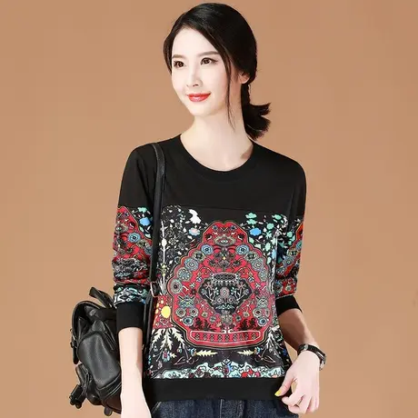 韩潮袭人韩版套头黑色卫衣女2023新款春秋宽松民族风印花圆领上衣图片