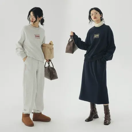 omont蛋挞家 圆领加绒卫衣女秋冬2022新款女时尚宽松套头休闲套装商品大图