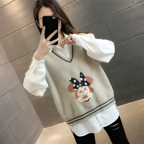 学院风卡通米奇刺绣无袖坎肩马甲背心宽松百搭V领套头针织马夹女图片