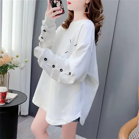 设计感褶皱长袖纽扣圆领卫衣女2023年新款春季宽松洋气内搭打底衫商品大图