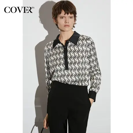 COVER春季满印撞色落肩法式衬衫图片