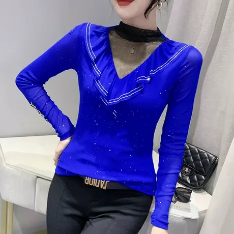 性感镂空网纱打底衫女春装洋气紧身半高领上衣时尚烫钻长袖T恤ins商品大图