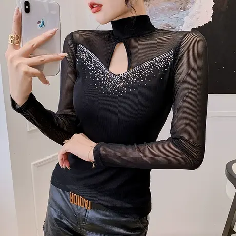 加绒加厚网纱打底衫女士秋冬性感镂空半高领上衣气质烫钻T恤长袖商品大图