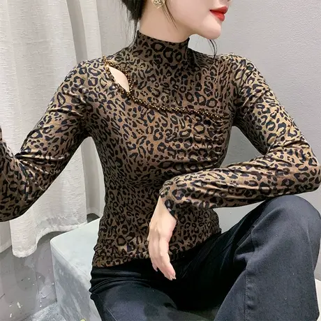 欧货复古豹纹烫钻上衣性感镂空半高领打底衫洋气内搭T恤女长袖ins图片