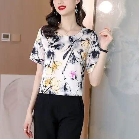 2023年新款女士上衣夏季圆领印花短袖t恤女衫缎面大码减龄女衣服商品大图