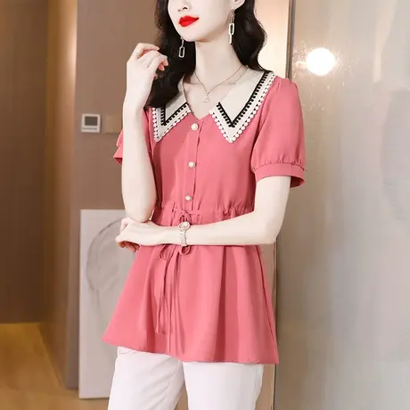 大码女装2023夏季新款胖MM宽松短袖衬衫女抽绳收腰显瘦雪纺女上衣商品大图