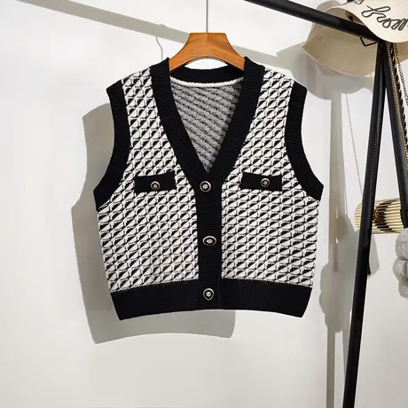 针织马甲开衫女春秋新款韩版宽松v领千鸟格无袖坎肩毛衣背心外套商品大图