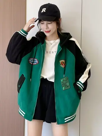 2023年秋冬加绒加厚棒球服女休闲夹克连帽宽松短款设计感短外套潮商品大图