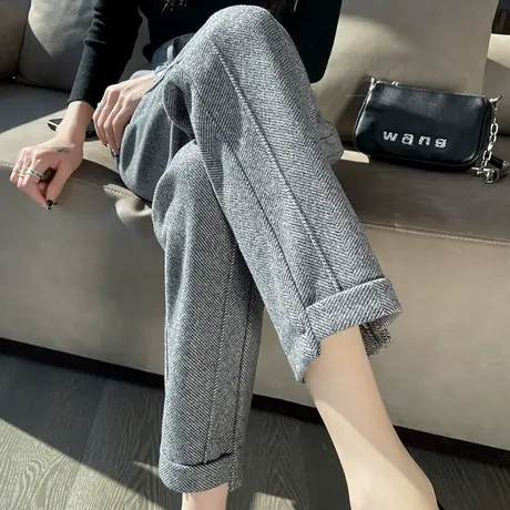 加绒毛呢裤子女秋冬灰色休闲裤宽松直筒高腰西装小个子九分烟管裤商品大图