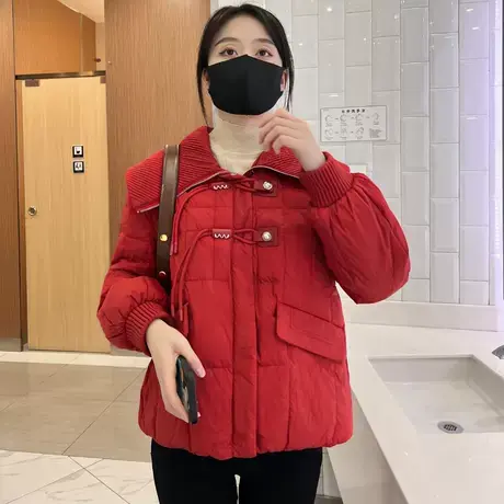 轻薄羽绒棉服女2023冬新款针织大翻领短款棉衣新中式面包服外套潮商品大图