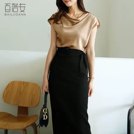 百洛安无袖衬衫女夏季新款气质简约一字领上衣通勤显瘦百搭薄衬衣商品大图