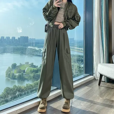 绿色美式束脚工装裤女秋季新款高街户外运动登山裤小个子阔腿皮裤商品大图