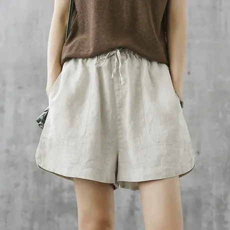 棉麻阔腿休闲短裤薄款女士亚麻2022新款外穿宽松麻料高腰五分裤子商品大图