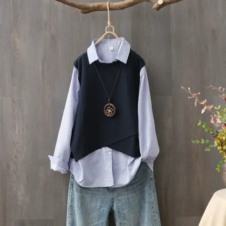 韩版条纹衬衫马甲假两件休闲衬衣女春秋秋季新款学生长袖外套上衣商品大图