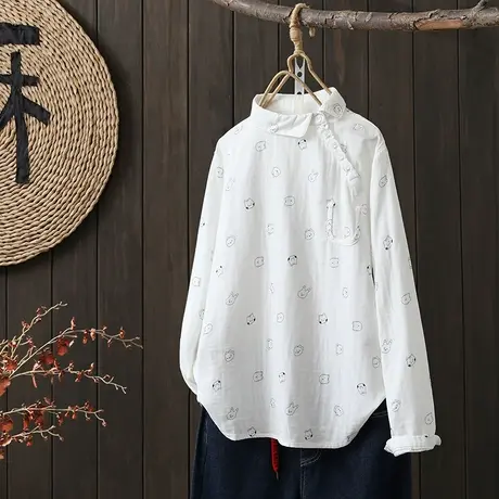 枫谜2023春季新款文艺卡通印花套头斜襟翻领双层棉纱衬衫早春上衣商品大图