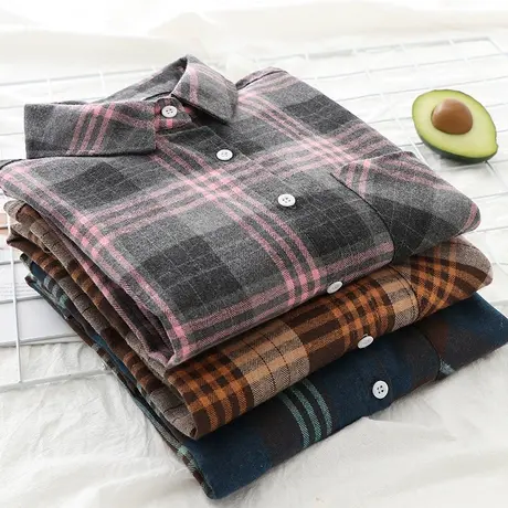 2021春装新款装上衣衬衫女磨毛格子外套复古港味宽松百搭韩版衬衣图片