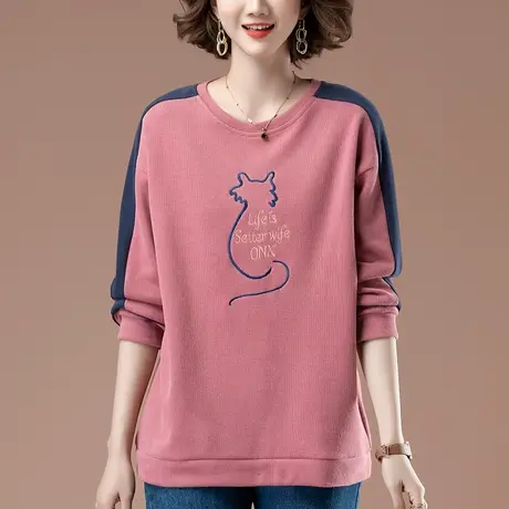 长袖t恤女春秋加肥加大码女装宽松百搭休闲刺绣遮肚子显瘦卫衣女商品大图