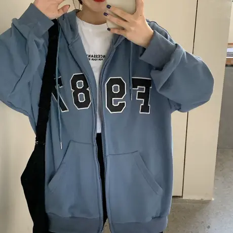 美式复古oversize卫衣女2022秋冬小个子加绒加厚宽松连帽开衫外套商品大图