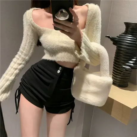 黑色加厚西装短裤子女秋冬季新款设计感休闲抽绳高腰宽松阔腿靴裤图片