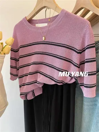 简单又舒服！2023夏季撞色条纹冰丝短袖针织衫短款百搭洋气上衣女图片