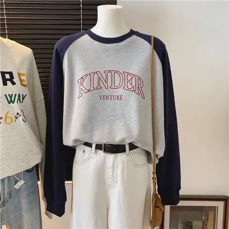 2023年新款插肩袖圆领无帽卫衣女秋季百搭宽松薄款撞色长袖上衣服商品大图