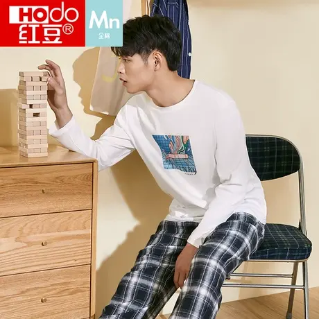 红豆男士纯棉睡衣宽松休闲套头长袖居家格子裤可外穿家居服套装男商品大图