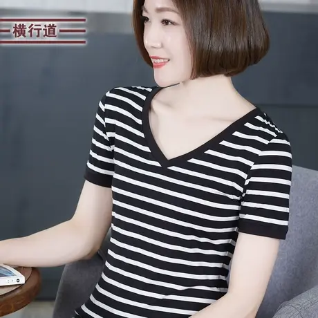 横行道2025夏季新款条纹V领短袖t恤女装大码体恤妈妈中年半袖上衣商品大图