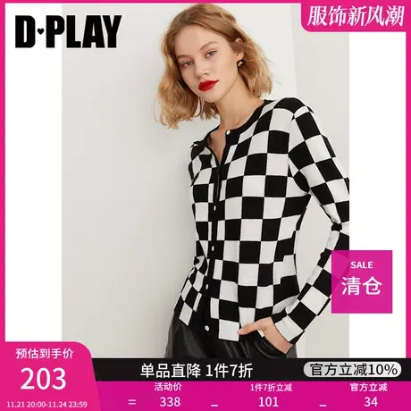 DPLAY秋装季新休闲时尚圆领黑白棋盘格ins风宽松针织羊毛开衫图片