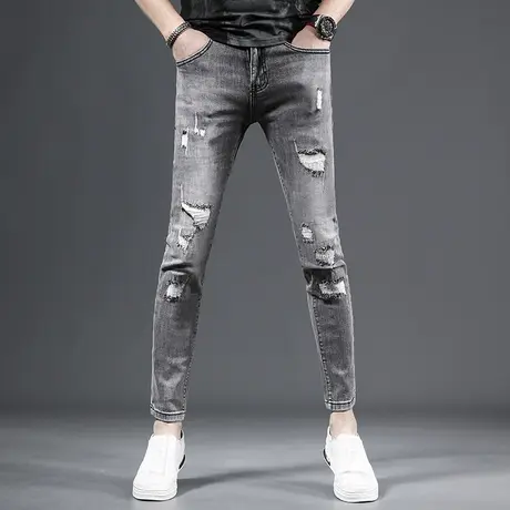 高端破洞九分牛仔裤男修身小脚裤2023新款烟灰色补丁弹力男士裤子商品大图