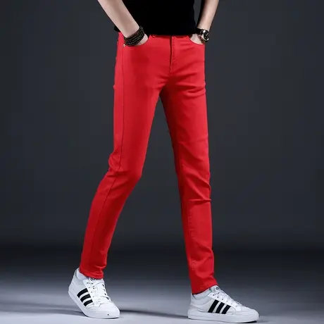 个性红色休闲牛仔裤男款2023新款网红爆款裤子男秋冬轻奢修身小脚商品大图