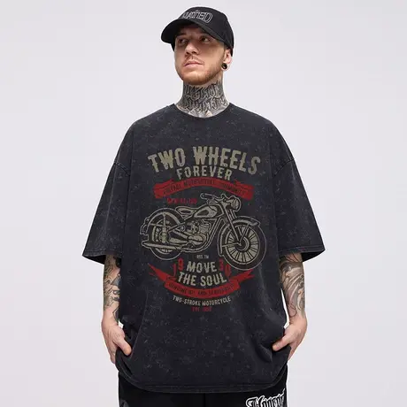 美式机车重磅纯棉潮牌宽松复古水洗做旧潮流夏加肥加大短袖t恤男图片