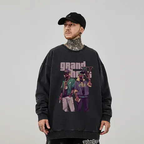 国潮圆领加肥加大码加绒嘻哈潮牌无帽复古胖子卫衣男潮流初秋春秋商品大图