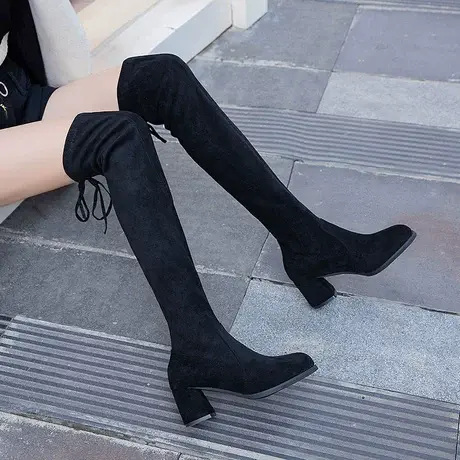 过膝靴女2022年新款秋冬黑色绒面高筒长靴加绒瘦瘦靴粗高跟单靴子图片