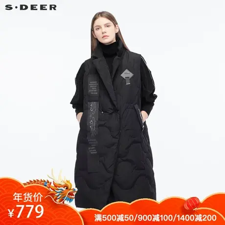 sdeer圣迪奥酷感新潮撞色字母刺绣飘带翻领长款羽绒背心S18481622🌚图片