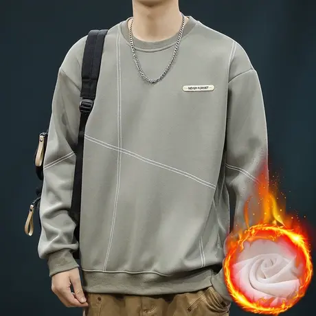 潮牌痞帅加绒加厚内搭长袖上衣冬季男生打底衫秋冬款保暖圆领卫衣商品大图