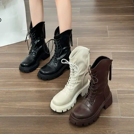 马丁靴女2023年春秋新款单靴厚底增高系带短靴百搭复古中筒机车靴商品大图
