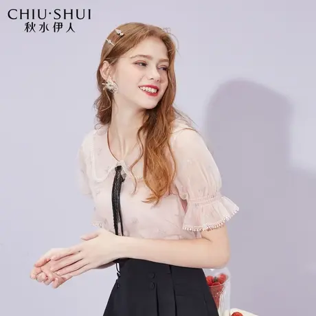 秋水伊人衬衫夏装新款女装系带钉珠亮丝刺绣雪纺衫上衣女图片