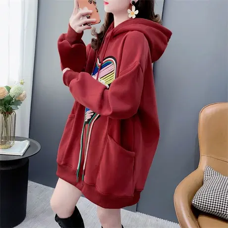 中长款加绒加厚红色连帽卫衣女秋冬2023新款宽松洋气减龄网红外套商品大图