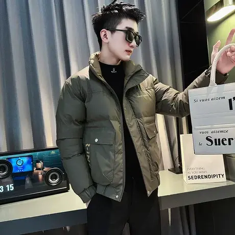 棉衣男冬季新款个性工装口袋短款修身棉服高级感印花字母棉袄外套图片