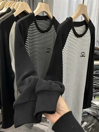 好品芭比裤搭双面磨毛秋冬t恤女长袖中长款打底衫遮屁股长t卫衣图片