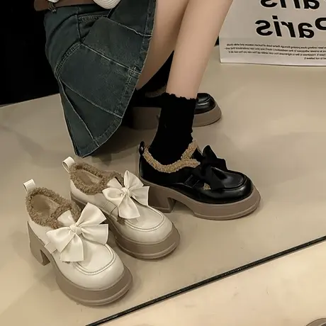 乐福毛毛鞋女2023新款一脚蹬粗跟高跟棉鞋超火蝴蝶结jk冬季小皮鞋商品大图
