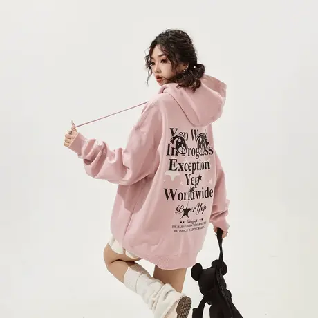 YEP美式复古脏粉连帽卫衣女春秋2024年新款潮牌印花宽松外套上衣商品大图