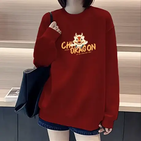 酒红色圆领卫衣女秋冬爆款2024新款女士加绒加厚银狐绒宽松上衣潮图片