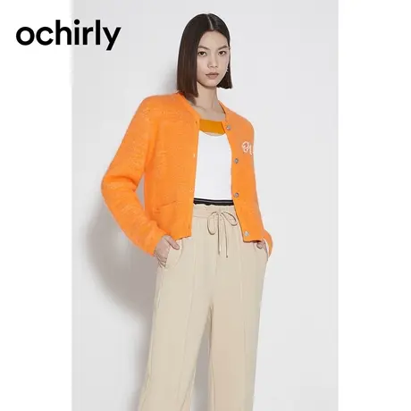 ochirly欧时力 兔毛混纺针织外套女 2023新款秋装毛衣章仔软糯商品大图