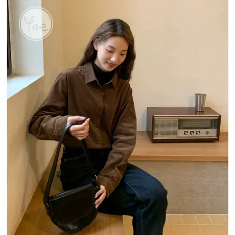 yoe净色衬衫女复古港味灯芯绒外套长袖衬衣休闲翻领棕色秋装内搭图片