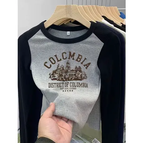 复古印花长袖衫女2023春秋新款小个子加绒上衣圆领内搭t恤打底衫商品大图