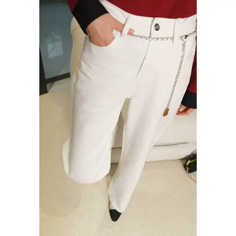 2024春季新款休闲简约百搭直筒裤链条腰带微弹100%棉高腰宽腿裤女商品大图