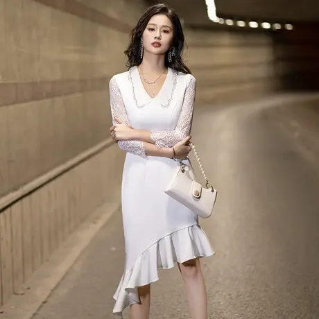 白色晚礼服连衣裙鱼尾平时可穿晚宴裙子气质宴会轻奢名媛小礼服女商品大图